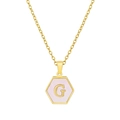 Hexagon gold necklace featuring a pink pendant with golden letter G on a white background - Pink Shell G