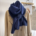Dark blue knitted pleated scarf with vertical texture on a beige coat for winter style - Navy Blue
