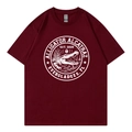 Maroon crew neck cotton T-shirt featuring Alligator Alcatraz print in flat lay view - Burgundy