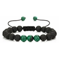 Adjustable woven bracelet featuring black lava rock and green faux malachite stone beads - Lava Stone & Malachite
