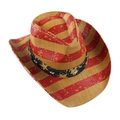 Close-up of woven straw cowboy hat featuring metal star rivets and colorful striped patterns - Red White Stripes Black Yellow Stars Belt Patchwork