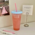 Reusable plastic coffee tumbler with blue lid, pink straw and milk juice water print - 700ml / Large Water