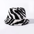 Close-up of zebra pattern plush fabric texture on a warm winter bucket hat for women - One Size(Adjustable) / White Zebra Print