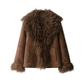 Brown suede jacket with oversized faux fur collar and cuffs for a stylish winter look - XS / Dark Brown