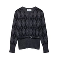 Detail view of dark grey diamond pattern knit cardigan with a thin black waist belt - S / Dark Gray Knit Cardigan