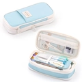 Expandable blue and cream canvas pencil case with multi-layer zipper storage design - Diagonal Light Blue