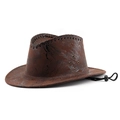 Detail van een verweerde bruine cowboyhoed met sierstiksels en winddicht koord - koffiekleur