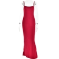Detail view of red slim-fit backless maxi dress with smooth fabric on mannequin - S / Burgundy