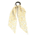 Floral chiffon hair scrunchie with pearls and long yellow ribbons on white background - Beige