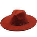 Orange wide-brim wool fedora hat with brown leather belt and golden buckle detail - Caramel color
