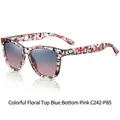 Polarized square sunglasses with colorful floral frame and blue-pink gradient lenses - Colorful Flowers / Blue Pink Gradient Lens