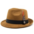 Classic tan felt fedora hat with black ribbon, vintage feather, and anchor metal pin - M(56-58cm) / Suede Khaki