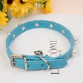Collare in pelle celeste per animali con eleganti perle e fibbia con strass brillanti - S / Blu lago