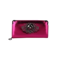 Metallic pink skull long wallet with decorative floral badge and secure zip closure - Rose Red