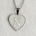 Silver titanium steel heart necklace with white shell inlay and letter N pendant - Letter N / Silver