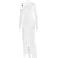 Dettaglio dell'abito bianco monospalla a maniche lunghe con spacco alto e vestibilità slim - S / Bianco