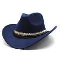 Macro detail of navy wool felt cowboy hat featuring ethnic tassels and woven bands - M (56-58cm) / Navy Blue