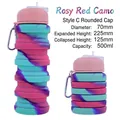 500ml pink and blue camouflage collapsible silicone water bottle with carabiner - Round Cap/Charming Red Camo