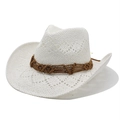 Weißer Cowboy Strohhut mit ethnischem Dekorband und nach oben gebogener Krempe für Strand - M(56-58cm) / Weiß