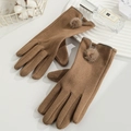 Brown faux suede touchscreen gloves for women featuring plush fur ball decor - One Size / Women's Pom Pom Coffee