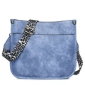 Blue faux suede crossbody bag featuring a stylish leopard print wide shoulder strap - Blue
