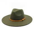 Detail of olive green fedora with wide flat brim and brown braided decorative belt - M (56-58cm) / Army Green