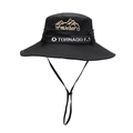 Black outdoor sun bucket hat with embroidered mountain logo and adjustable chin strap - Black