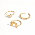 Three-piece gold plated stainless steel ring set with zircon stones on white background - Gold Sunburst Pear Zirconia Ring Set (TR4487)
