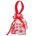 Chinese wedding candy bag with red plum blossom pattern and silk drawstring handle - Magpie Pattern (No Charm) / White Flower