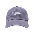 Detail of white Mama embroidery on washed dark grey cotton baseball cap with star accent - Adjustable / Gray