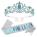 Écharpe d'anniversaire argentée avec texte bleu et ensemble couronne en strass bleus - Diadème Argenté avec Strass Bleu & Écharpe Queen Argentée (Lot 4)