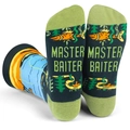 Detailed view of novelty fishing socks with MASTER BAITER text on soles - One Size / Fishing Theme (Master Baiter)