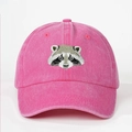 Close-up of raccoon animal embroidery on a pink washed cotton baseball cap texture - One Size / Rose Red