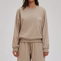 Casual apricot crewneck sweatshirt and joggers set with ribbed cuffs and drawstring waist - S / Camel Brown