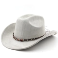 Detail of grey faux suede fedora hat with red and silver beaded bohemian band - M (56-58cm) / Light Gray