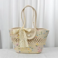 Beige woven straw tote bag with colorful dots, lace bow detail and pearl button - Beige Colored Dots Hollow Out Style (with Scarf)