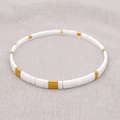 Minimalist bohemian stretch bracelet with white and golden Tila beads on textured fabric - White and Gold Mix