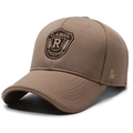 Brown baseball cap with embroidered shield patch and breathable mesh fabric texture - Coffee