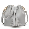 Grey PU leather bucket bag with fringe drawstring and adjustable shoulder strap - Gray
