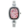 Elegant women's quartz watch with pink marble oval face and silver stainless steel mesh strap - Red