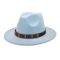 Detail of light blue wool fedora hat with brown leather band and gold metal studs - M (56-58cm) / Sky Blue