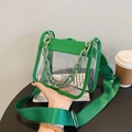 Close-up of transparent green PVC crossbody bag featuring bold chain and nylon strap - Green
