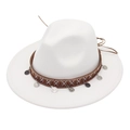 Detail of white felt fedora featuring ethnic woven band and silver coin pendants - White