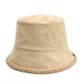 Cappello a secchiello reversibile in finta pelle scamosciata beige con fodera in pile - 58cm / Cachi