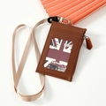 Brown PU leather ID card holder with beige lanyard and side zipper pocket - Coffee