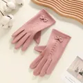 Pink bow-tie touchscreen gloves for women featuring warm lining and elegant embroidery - One Size / Wheat Ear Bow Pink
