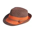 Foldable straw fedora hat with dark brown crown and bright orange brim for sun protection - Kids Style (52-54cm) / Coffee