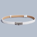Detailed view of a white leather skinny belt with a rhinestone-studded silver buckle clasp - Rhinestone Buckle (Silver) Cross Pattern Adjustable Belt (White)
