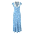 Elegantes blaues Maxikleid mit Blumenmuster, V-Ausschnitt und weißen Spitzenbordüren - S / Blaues Blumenmuster