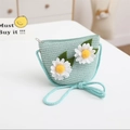 Detail of mint green woven crossbody bag for kids with white daisy floral decorations - Single Bag / Mint Green
